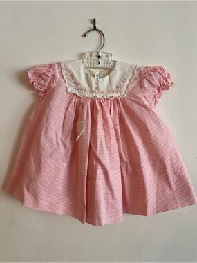 1960s Vintage Pink Gingham Baby Dress with Hand Embroidered Collar
